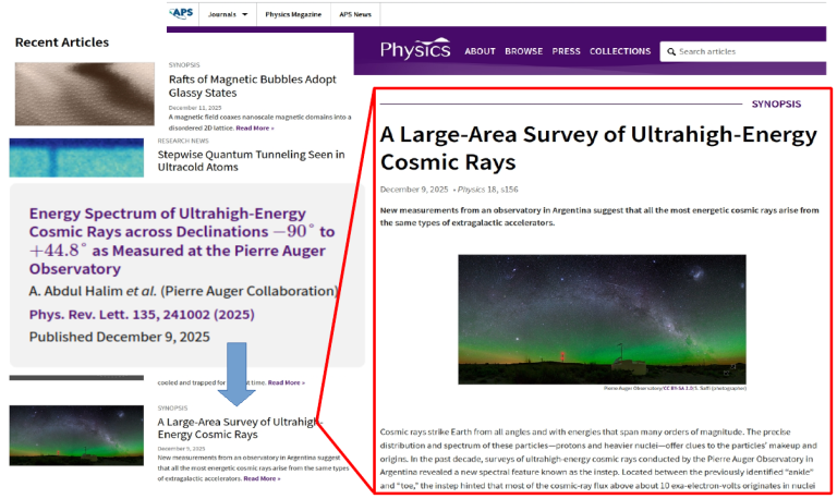Estudio de rayos cósmicos de energía ultra alta es parte de los destacados por “Physics Magazine”.